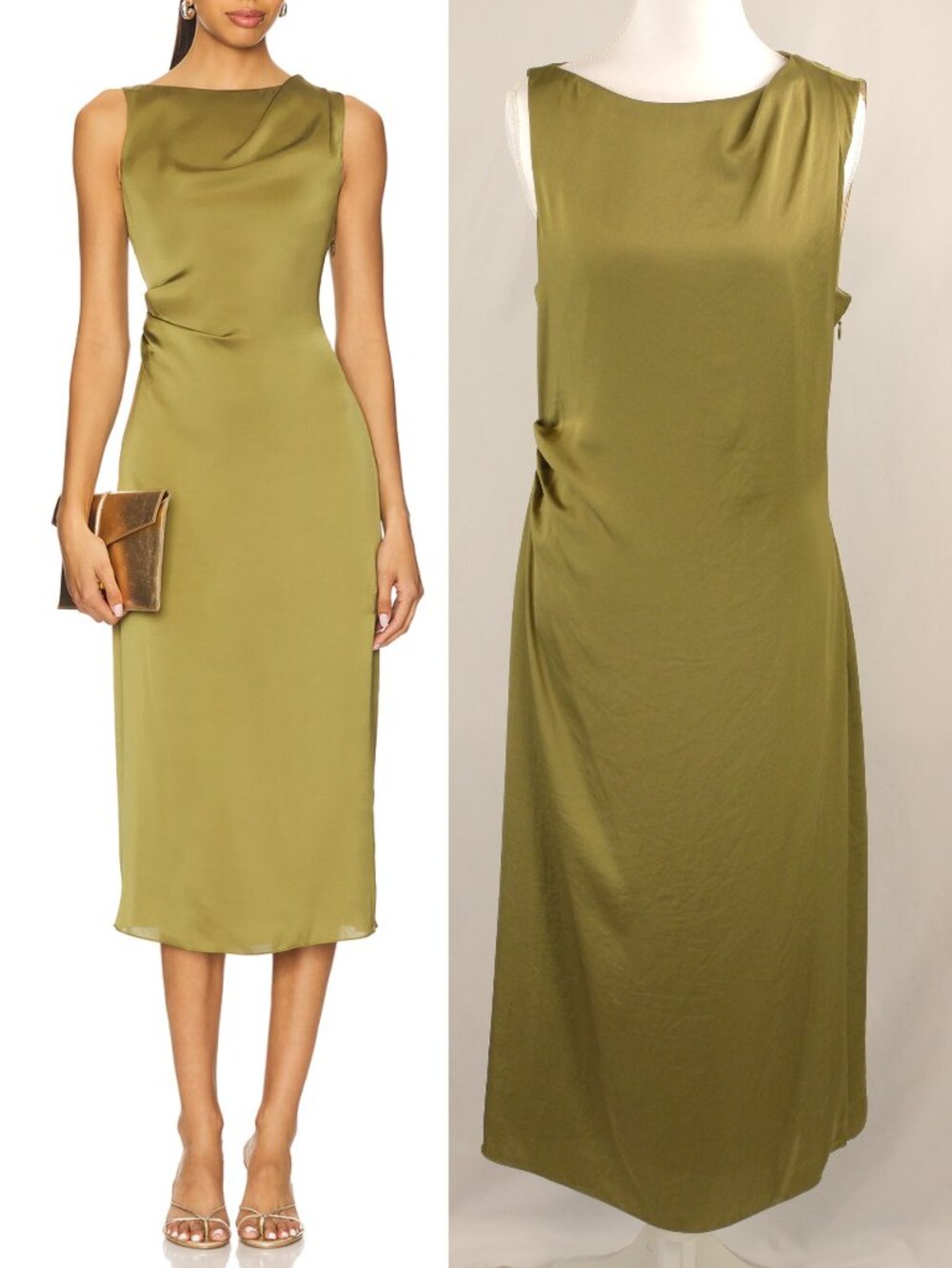 Theory Green Crushed Satin Shoulder Drape Midi Dress, Avocado Green, US 8
